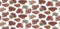 Seamless pattern with contour drawings of various types of nuts with colored spots on white background.